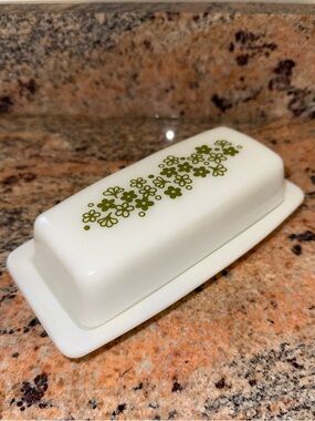 vintage Pyrex covered butter dish in the Spring Blossom Green pattern 72-B